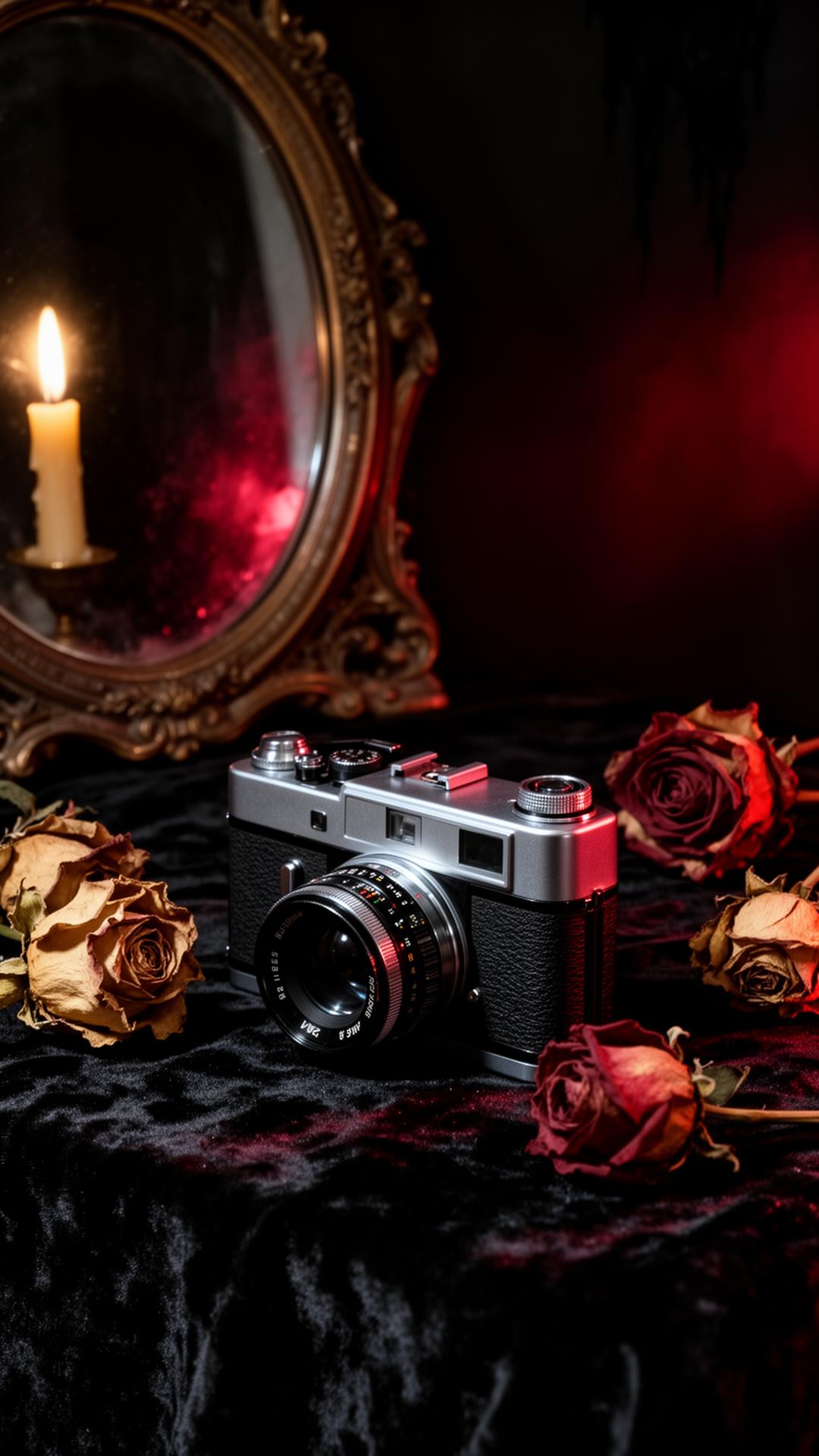 Vintage camera, dried roses, antique mirror