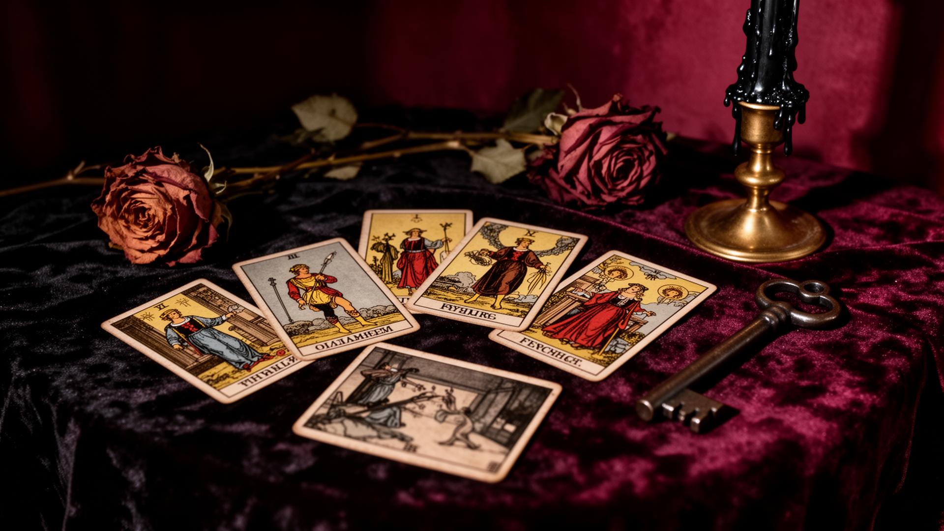 Tarot cards, dried roses, and a black candle on velvet