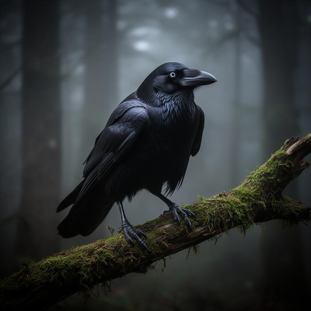 Raven, mossy branch