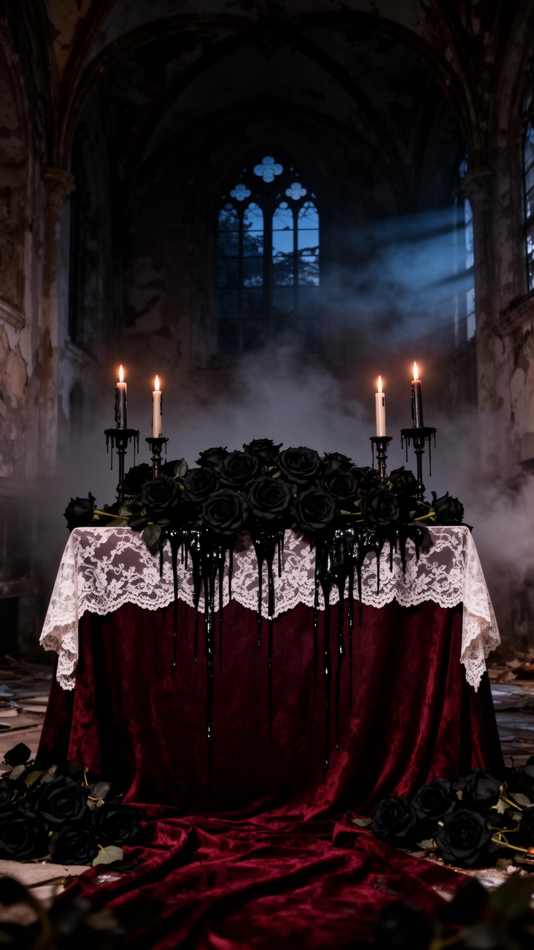 Gothic wedding altar with black roses and dripping candles
